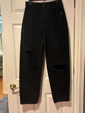 Black Distressed High-Rise Button Fly Jeans | Edgy Ripped Denim | Sz. 10